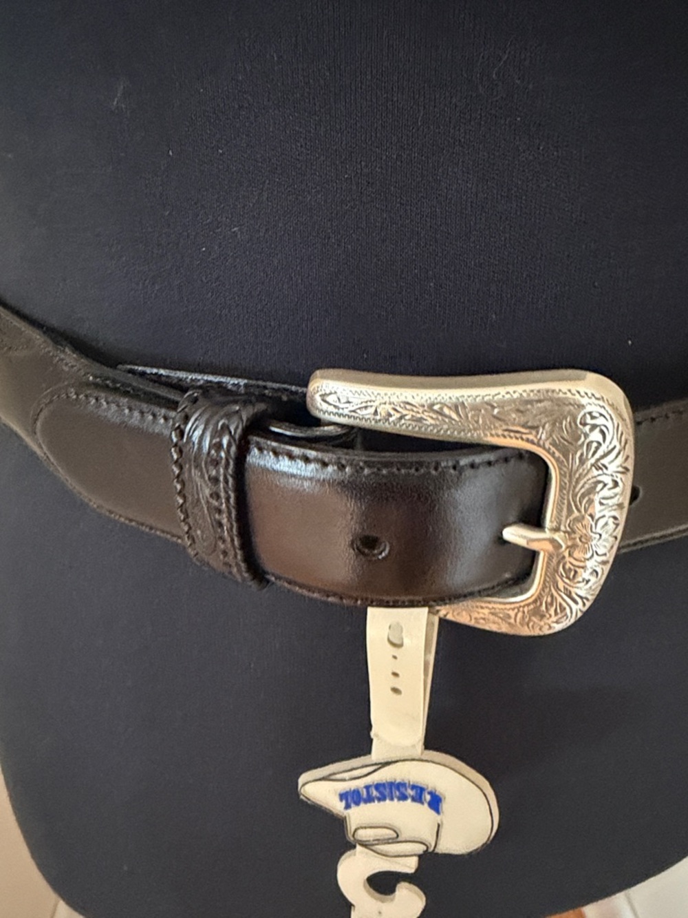 Men's Black Leather Belt with Engraved Silver Western Buckle - Picture 3 of 5